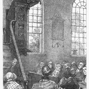 PREACHER, 19th CENTURY. The Long Sermon: wood engraving after Edwin Austin Abbey (1852-1911)