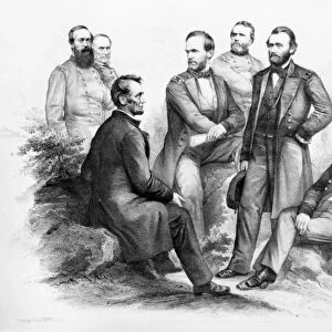 President Abraham Lincoln (1809-1865) and officers of the Union Army and Union Navy (left-to-right): Admirals Porter and Farragut, President Lincoln, Generals Sherman, Thomas, Grant and Sheridan. Lithograph, 1865