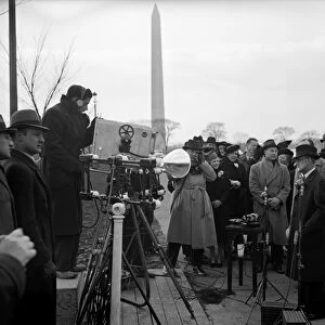 PRESS CONFERENCE, 1939. NBC announcer Gordon Hittenmark interviewing Federal Communications