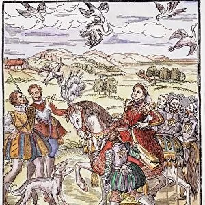 QUEEN ELIZABETH I of England hawking: woodcut from George Trubervilles Booke of Faulconrie