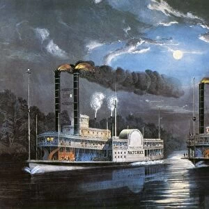 RACE ON MISSISSIPPI, 1860. A Midnight Race on the Mississippi River. Lithograph, 1860, by Currier & Ives