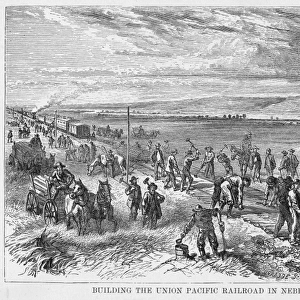 RAILROADING: U. S. A. Building the Union Pacific Railroad in Nebraska. Wood engraving, 1867, after a drawing by Alfred R. Waud