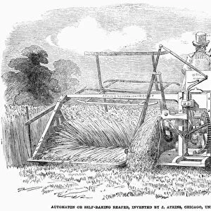REAPER, 1853. Automaton or self-raking reaper, invented by J. Atkins, Chicago, United States. Wood engraving from an English newspaper of 1853