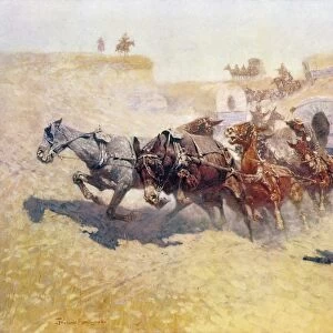 REMINGTON: ATTACK. Attack on a Supply Train. Oil on canvas by Frederic Remington