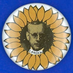 Republican button from the 1936 presidential campaign, supporting the election of Alfred Landon, whose portrait is shown in a sunflower design representing his home state of Kansas