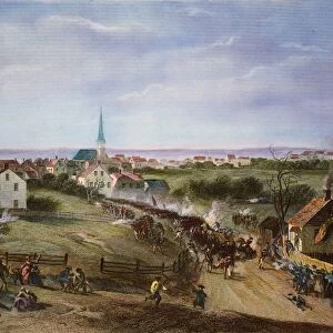 The retreat of the British from the Battle of Concord, 19 April 1775: colored engraving, 19th century, after Alonzo Chappel