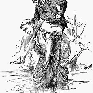 ROBIN HOOD. Friar Tuck carrying Robin Hood over the water. Illustration from a late 19th century American juvenile edition