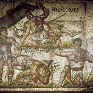 ROMAN GLADIATORS. Gladiators in battle. Detail from the Borghese mosaic, c320 A. D