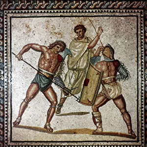 ROMAN GLADIATORS. Roman mosaic of a gladiatorial combat