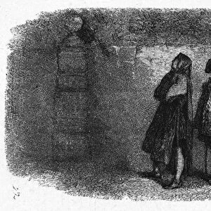 ROMEO & JULIET. Benvolio and Mercutio calling after Romeo, who has climbed over the wall into the Capulets garden in search of Juliet, his heart. Wood engraving after Sir John Gilbert, 1881, for William Shakespeares Romeo and Juliet