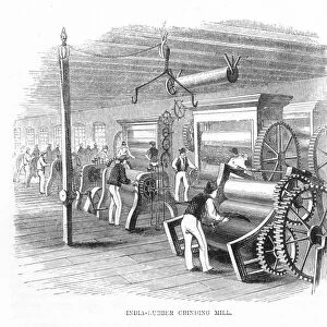 RUBBER MILL, 19th CENTURY. A rubber grinding mill. Wood engraving, 19th century