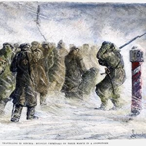 RUSSIA: SIBERIA, 1882. Russian criminals on a march in a snowstorm. Wood engraving, English, 1882