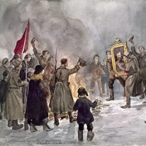 RUSSIAN REVOLUTION, 1917. An angry crowd carrying a portrait of Czar Nicholas II to a bonfire in Petrograd during the February Revolution (March 1917). Watercolor, 1917