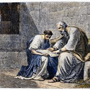 SAINT PAUL IN PRISON. Saint Paul writing his epistle to the Ephesians while in prison (Ephesians 3: 1-6). Wood engraving, 19th century, after Henri F