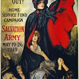 SALVATION ARMY POSTER, 1919. A woman in a Salvation Army uniform aiding needy people during the aftermath of World War I. Lithograph poster by Frederick Duncan, 1919