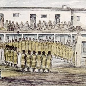 Scalp dance of the Cheyenne Native Americans at Fort Bent, near what is now Pueblo, Colorado. They were celebrating a victory over the Pawnee. Watercolor and pencil by James W. Abert, 1845
