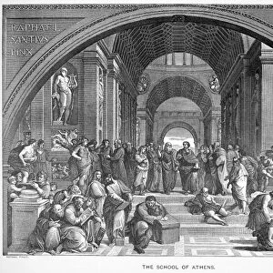THE SCHOOL OF ATHENS. Plato and Aristotle at center. Line engraving after the fresco, 1509-1510, by Raphael