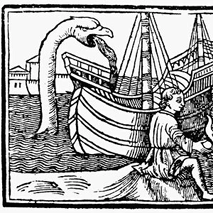 SEA MONSTERS, 1516. Sea serpent and dolphin from an edition of Pliny the Elder s
