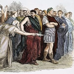 SHAKESPEARE: JULIUS CAESAR. The soothsayer warns Caesar to beware the Ides of March. Wood engraving, 19th century, after Sir John Gilbert for William Shakespeares Julius Caesar (Act III, scene 1)