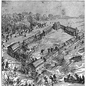 Shawnee Native Americans besieging Fort Boonesborough on the Kentucky frontier during the American Revolution, September 1778. Line engraving, 19th century