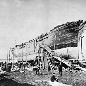 SHIPYARD. The launching day of the Glory of the Seas at Donald McKays East Boston Shipyard, Oct. 1869. McKay stands center under a high hat with his back to the camera