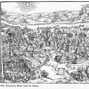 SIEGE OF VIENNA, 1529. The siege of Vienna by the Turks in 1529. Contemporary line engraving by Barthel Beham