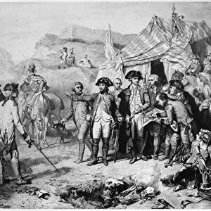 SIEGE OF YORKTOWN, 1781. General George Washington (by tent, center), Comte de Rochambeau (looking at map), and Marquis de Lafayette (pointing), giving orders before the siege of Yorktown during the American Revolution, 1781. Line engraving, 19th century