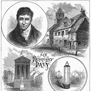 SIR HUMPHRY DAVY (1778-1829). English chemist. Davy pictured with the miners safety lamp he invented in 1815 (bottom right). Wood engraving, 19th century