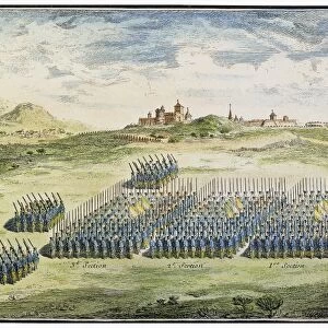 SOLDIERS IN COLUMN. An 18th century infantry regiment composed of two battalions which have just formed from line into column of attack: French colored engraving, 18th century