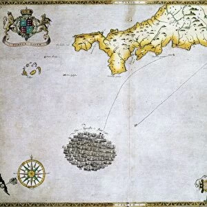 SPANISH ARMADA, 1588. English map, engraved 1590 by Augustine Ryther, after Roberto Adamo, showing the Spanish Armada tightly packed in the English Channel off the coast of Cornwall, late July 1588