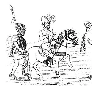 SPANISH CONQUEST, 1519. Hernando Cortes welcomed with gifts by Tlaxcaltec native