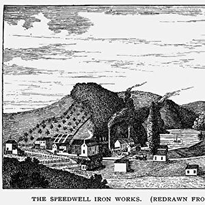 SPEEDWELL IRON WORKS, 1837. Speedwell Ironworks near Morristown, New Jersey, owned by Stephen Vail. American engraving, 1888, after an engraving of 1837