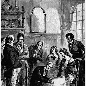 SPIRITUALISM: FOX SISTERS. Doctor Austin Flint, with colleagues from the University of Buffalo, examines one of the Fox sisters in 1851. She claimed to be afflicted with spirit rappings, but was diagnosed with popping knee joints. Contemporary American wood engraving