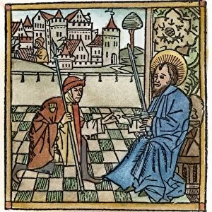 ST PAUL, COLOGNE BIBLE. St Paul hands an epistle to a messenger: woodcut from the Cologne Bible