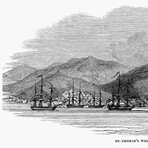 ST. THOMAS, 1844. The town and harbor of Charlotte Amalie, St. Thomas, Danish West Indies. Wood engraving, English, 1844