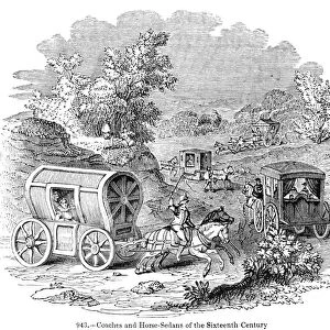 STAGECOACH, 16th CENTURY. Coaches and horse-sedans of England in the 16th century. Wood engraving, 19th century