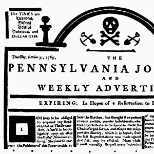 STAMP ACT, 1765. Banner of the Pennsylvania Journal, 31 October 1765, with a