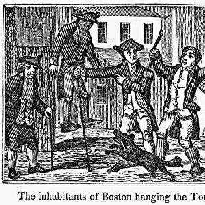 STAMP ACT: PROTEST, 1765. A stamp agent hanged in effigy during an anti-Stamp Act protest in 1765. Wood engraving, 1829