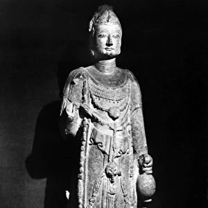 Standing stone figure of a bodhisattva, with traces of polychrome. Height: 47 in. Sui Dynasty, 589-618 A. D