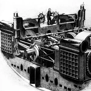 STEAMSHIP: SCREW ENGINES. The screw engines designed by James Watt & Co. for Isambard Kingdom Brunels Great Eastern steamship, the largest in the world at the time of its 1858 launching. The ship was also propelled by paddle engines. Contemporary English engraving