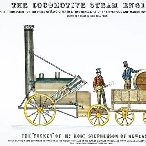STEPHENSONs ROCKET, 1829. George & Robert Stephensons Rocket from an announcement