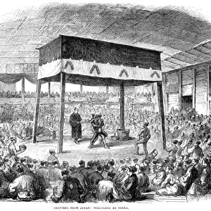 SUMO WRESTLING, 1868. Sumo wrestling competition at Osaka, Japan. Wood engraving from an English newspaper