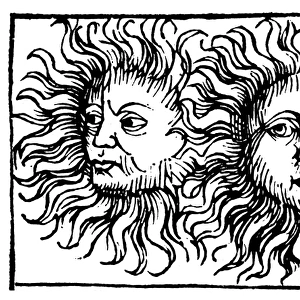 SUN FACES, DECORATIVE. Woodcut, German, 1493