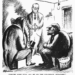 You re Sure It ll All Be on the Up-and-Up, Senator? American cartoon by D. R. Fitzpatrick, 1951, on the willingness of the Republican party to overlook Senator Joseph R. McCarthys slanderous tactics in order to win votes in the 1952 Presidential election; Senator Robert Taft, a Republican candidate, is at center