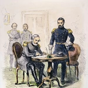 The surrender of General Lee to General Grant at Appomattox Court House, Virginia, 9 April 1865. Wood engraving, 19th century
