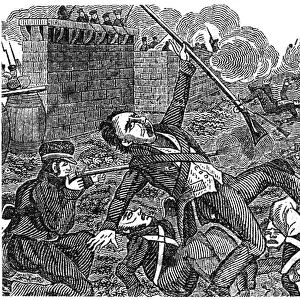 TEXAS: THE ALAMO, 1836. An engraving depicting the death Davy Crockett at the end of the Battle of the Alamo, March 1836. Wood engraving, American, 19th century
