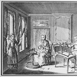 TEXTILE MANUFACTURE. Hand spinning. Line engraving, French, 18th century