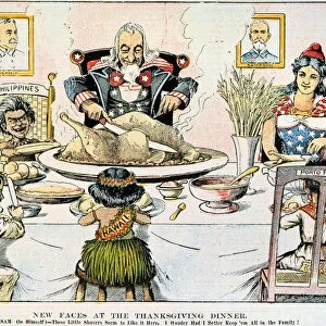 THANKSGIVING CARTOON, 1898. New Faces at the Thanksgiving Dinner: American cartoon, 1898, on the U. S. territorial acquisitions following the conclusion of the Spanish-American War