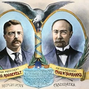 Theodore Roosevelt and Charles W. Fairbanks as the Republican party candidates for President and Vice President on a lithographic campaign poster by Kurz & Allison, 1904