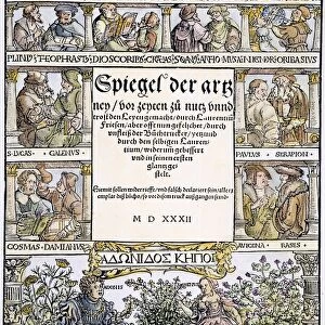 The title page of Laurentius Friesens Spiegel der Artzney, with portraits of ancient and medieval physicians and (bottom) a representation of Venus and Adonis in a garden. Woodcut, Strassburg, 1532, after Hans Weiditz